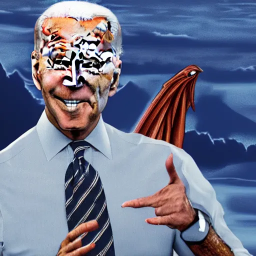 Image similar to Joe Biden on top of a dragon, terrified, artistic, 8k