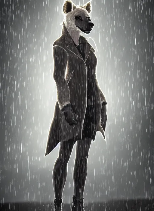 Image similar to digital artwork of anthromorphic hyena female, fursona, furry fandom, rainy cyberpunk setting, anthro, wearing large raincoat, detailed face,