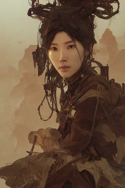 Image similar to A full portrait of a beautiful post apocalyptic Chinese explorer, intricate, elegant, highly detailed, digital painting, artstation, concept art, smooth, sharp focus, illustration, art by Krenz Cushart and Artem Demura and alphonse mucha