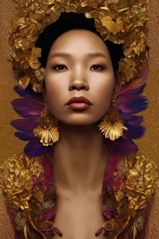 Prompt: portrait of a stunning poc queen, artstation, mymodernmet, by sangsoo jeong, by soey milk, by brad kunkle, by amir ershadi, by ben enwonwu, by alphonse mucha, gold foil aureola, iridescent feathers, divine, saint