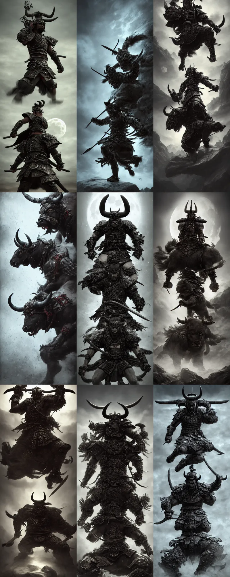 Prompt: anthropomorphic, half man half asian black bull, black bull samurai, Moon Bull Samurai, epic, samurai, stunning 3d render inspired art by Renato muccillo and Andreas Rocha and Johanna Rupprecht + symmetry + natural volumetric lighting, 8k octane beautifully detailed render, post-processing, highly detailed, intricate complexity, epic composition, magical atmosphere, cinematic lighting + masterpiece, trending on artstation