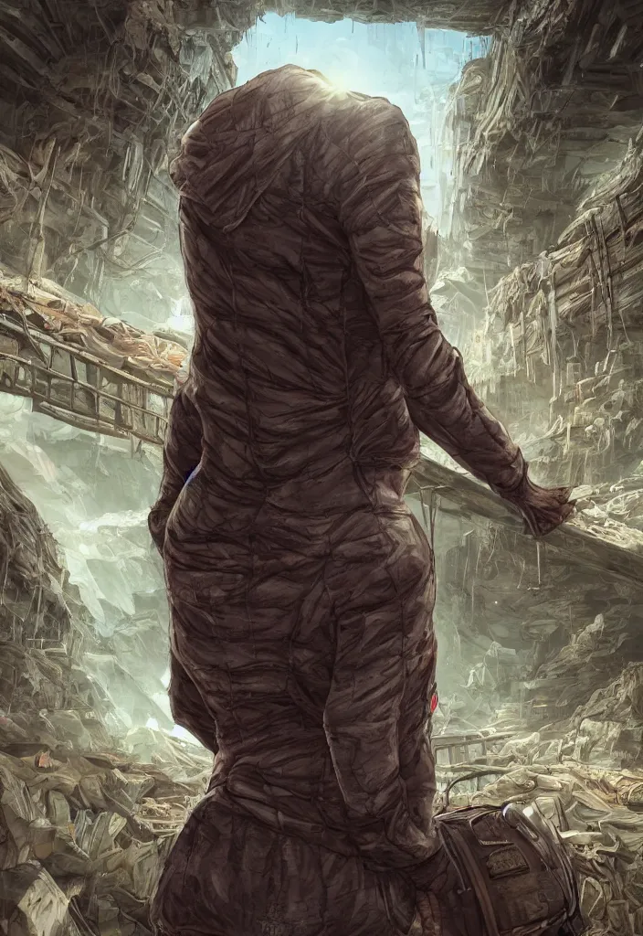 Image similar to comic book cover of character in jacket, back facing the camera on a old wooden bridge looking up at crystal temple, zoomed out,highly detailed, professional digital painting, Unreal Engine 5, illustration, HD quality, 8k resolution, cinema 4d, cinematic, professional photography, art by artgerm