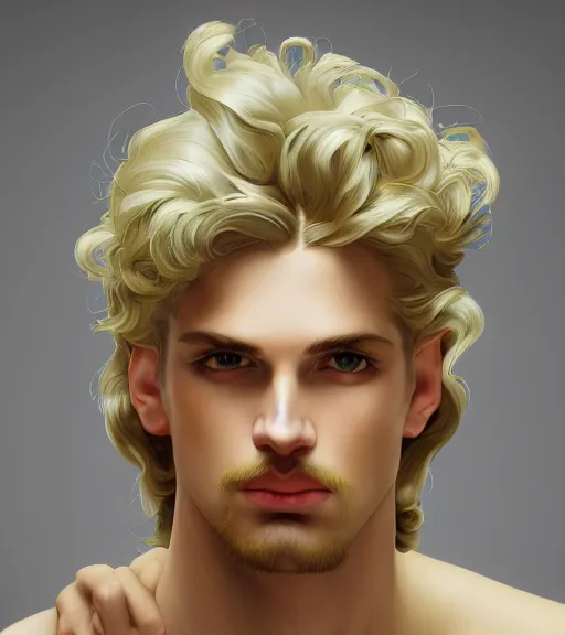 Image similar to clean cel shaded art of the androgynous clean shaven greek God Apollo, long fluffy curly blond hair, light platinum long blond hair, Alexandre Cabanel, norman rockwell, peter paul rubens, maler collier, frank frazetta, alphonse mucha, gustav klimt 4k, unreal 5, DAZ, french noveau, trending on artstation, octane render, hyperrealistic