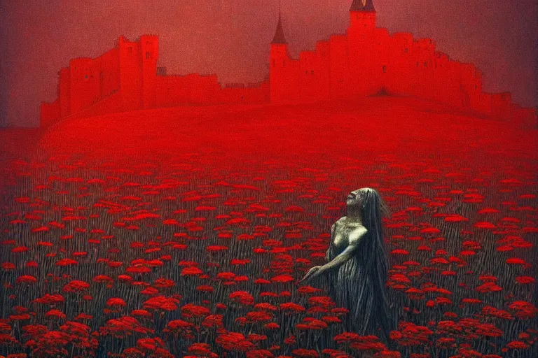 Image similar to only with red, red flowers of different types, a red tiger, a castle in the background, medieval demons dance over the flowers, an ancient path, in the style of beksinski, part by hopper, part by rodcenko, part by hofbauer, intricate composition, red by caravaggio, insanely quality, highly detailed, masterpiece, red light, artstation