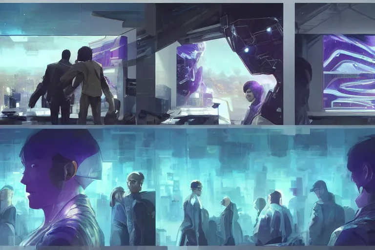 Image similar to Exhibiton with guests and digital terminals from an artificial intelligence with several geometric shapes with white and purple contours. digital rational painting art by Greg Rutkowski, sci-fi highly detailed, digital concept art, Dimensional cyan gold natural light, sharp focus, Golden Ratio illustration, realistic concept art by Stephen Hickman and James Gurney and Hiromasa Ogura Ghost in the Shell rendered in Octane Render, From the distance