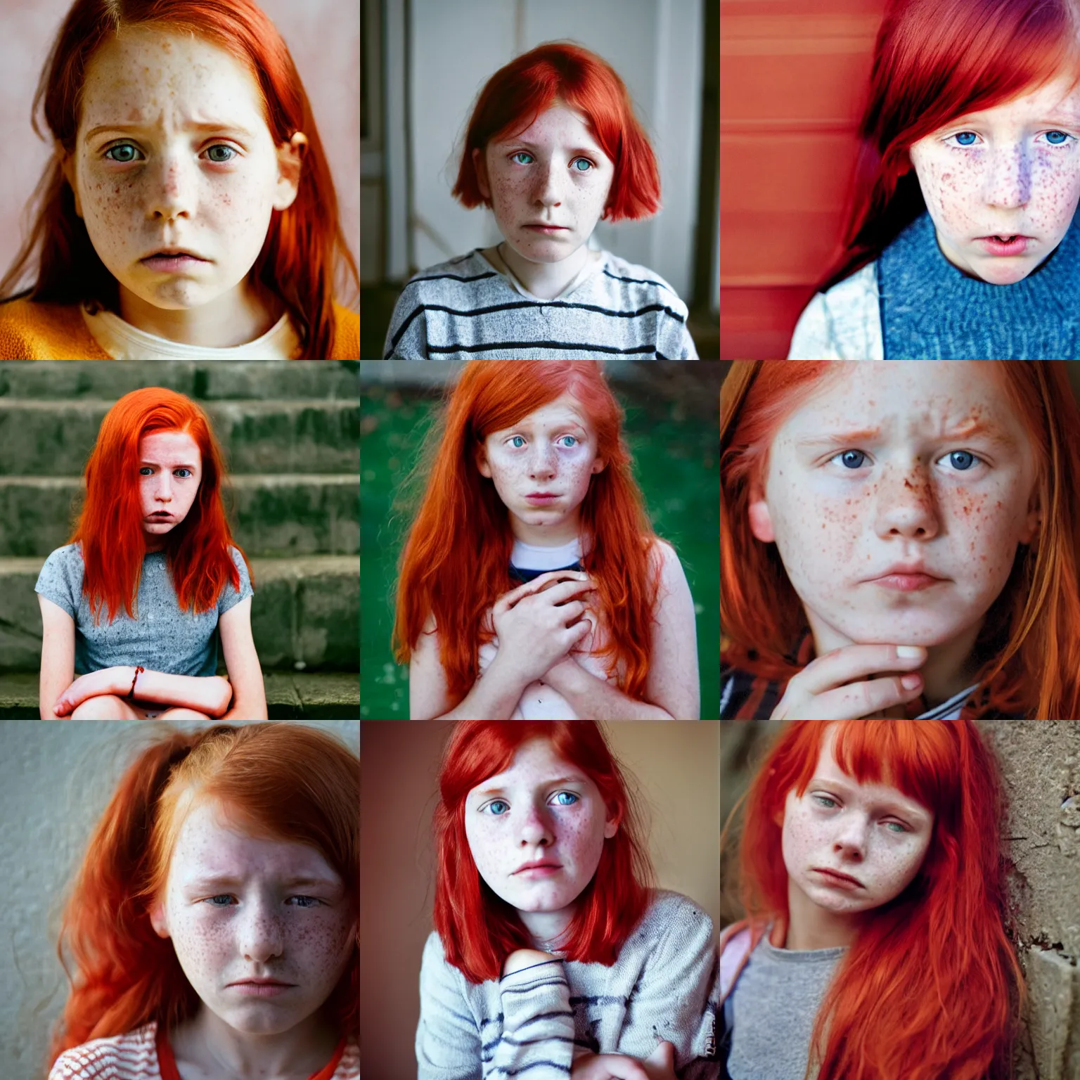 Prompt: photograph of sad ten year old girl by wes anderson, red hair, freckles