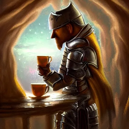 Prompt: a knight drinking a cup of tea by thomas kinkade, digital art, trending on artstation