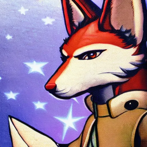 Prompt: 1 9 8 0 s video game art of anthropomorphic wolf o'donnell from starfox fursona furry wolf in a space cadet uniform, looking heroic, magazine scan, 8 0 s game box art, wolf o'donnell