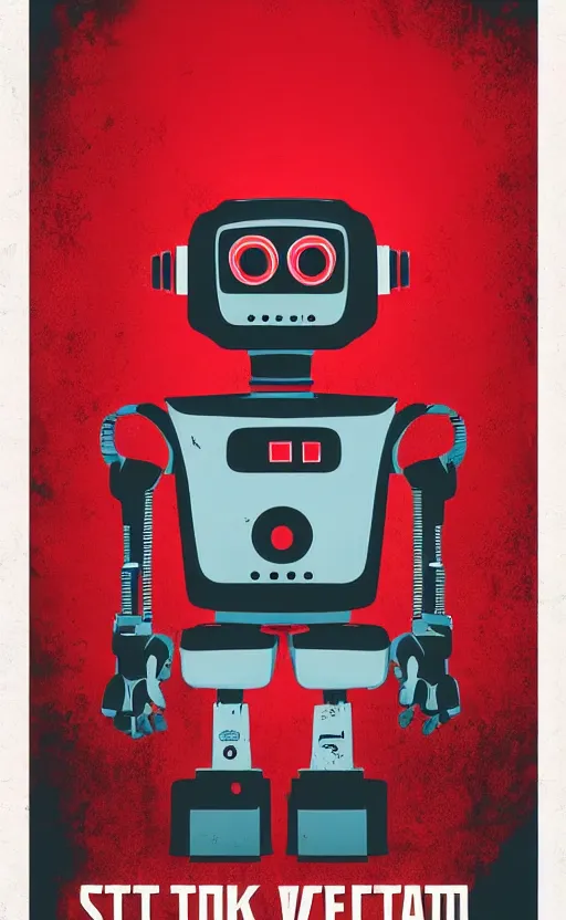 Image similar to a poster of a robot standing in front of a red background, poster art by tim doyle, behance contest winner, shock art, poster art, apocalypse art, sci - fi