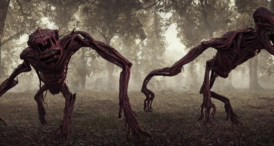 Image similar to still from a horror movie of grotesque alien lunging towards the camera, highly detailed, horror movie scene, unreal engine, octane render, natural light outside