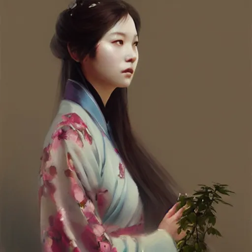 Prompt: oil painting girl wearing hanfu, herb rose, by greg rutkowski, artstation