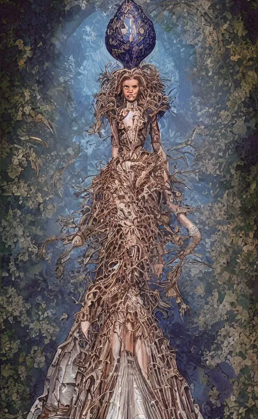 Image similar to fashion model walking down a catwalk, elaborate dress by alexander mcqueen, art by michael whelan and chris moore and howard david johnson and tim white and dan giancola