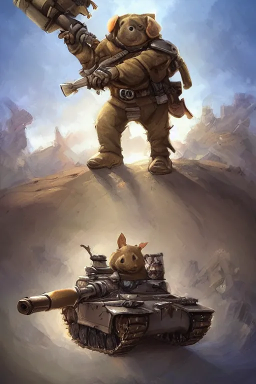 Image similar to cute little anthropomorphic Guinea Pig Infantry advancing next to a tank, tiny, small, short, American tanker outfit, cute and adorable, pretty, beautiful, DnD character art portrait, matte fantasy painting, DeviantArt Artstation, by Jason Felix by Steve Argyle by Tyler Jacobson by Peter Mohrbacher, cinematic lighting