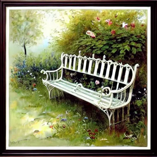 Image similar to ( ( ( ( ( beautiful garden bench. muted colors. ) ) ) ) ) by jean - baptiste monge!!!!!!!!!!!!!!!!!!!!!!!!!!!