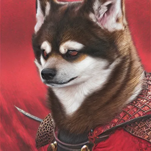 Image similar to anthropomorphic shiba inu, berserk anime : the berserker armor and the dragon slayer sword, red black aura, fantasy, dark, portrait art by donato giancola and greg rutkowski, realistic face, digital art, trending on artstation, symmetry