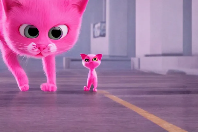 Image similar to film still from a pixar movie about a pink cat causing trouble in taipei