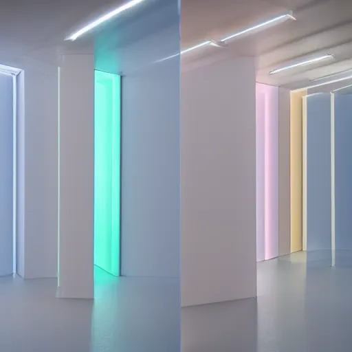 Image similar to an ultra high definition professional studio quality photograph of a transparent iridescent perspex pastel coloured coat made of plastic bags on a coat hook in an empty white room. dramatic lighting, ray tracing, refraction, shallow d. o. f, colour corrected, golden ratio, three point light. volumetric shadows. god rays.