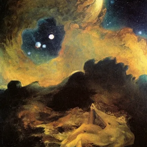 Prompt: the cosmos is all that is or was or ever will be. our feeblest contemplations of the cosmos stir us - - there is a tingling in the spine, a catch in the voice, a faint sensation, as if a distant memory, of falling from a height. we know we are approaching the greatest of mysteries. by goya