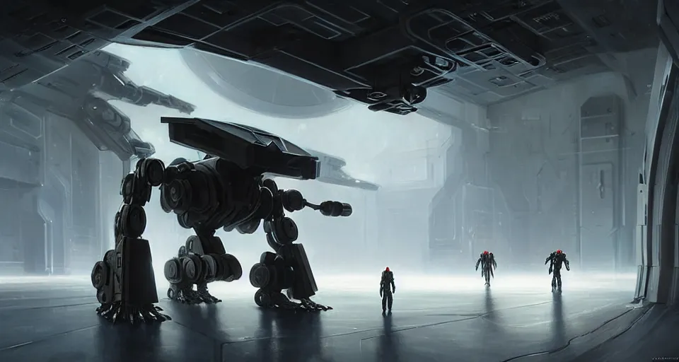 Image similar to hyper realistic sci - fi matte concept art painting of a spider - shaped mecha in a starship hanger, beautiful details, strong composition painted by kim jung guweta studio rutkowski, james gurney and greg rutkowski, and lucasfilm, smooth, intricate, detailed, sharp focus, cinematic