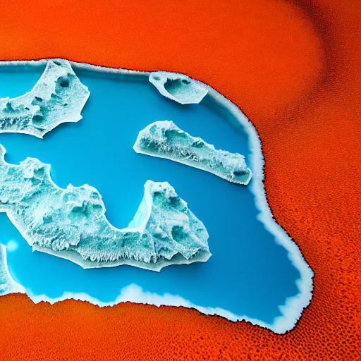 Image similar to top down view of map of iceland made out of ice, highly detailed, surrounded by ocean made out of hot orange lava, realistic