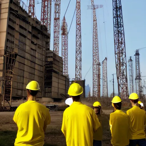 Image similar to tall shadowy faceless creatures with long limbs wearing yellow hard hats