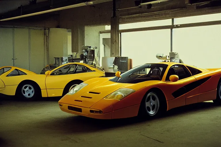 Image similar to McLaren F1, inside of an unlit 1970s auto repair garage, ektachrome photograph, volumetric lighting, f8 aperture, cinematic Eastman 5384 film