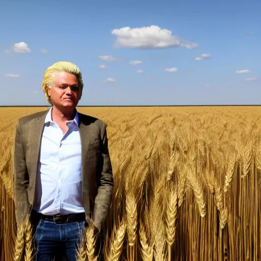 Prompt: african geert wilders standing in large wheat field