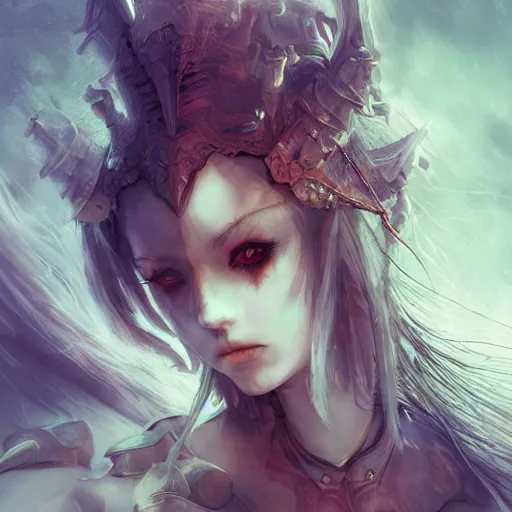 Image similar to beautiful portrait of a demon knightess, color page, 4 k, tone mapping, doll, akihiko yoshida, james jean, andrei riabovitchev, marc simonetti, yoshitaka amano, digital illustration, long straight hair