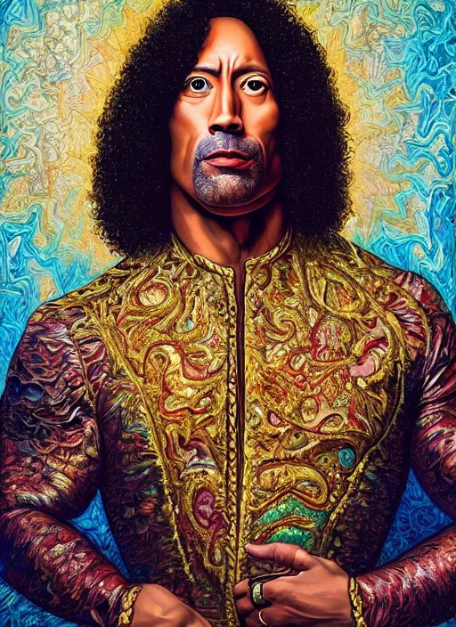 Image similar to beautiful oil painting, portrait of Dwayne the rock Johnson as Louis xiv in coronation robes 1701, Dan Mumford, dan Mumford, Dan Mumford, Alex grey, Alex grey, lsd visuals, dmt fractal patterns, entheogen, psychedelic, hallucinogen, highly detailed, ornate