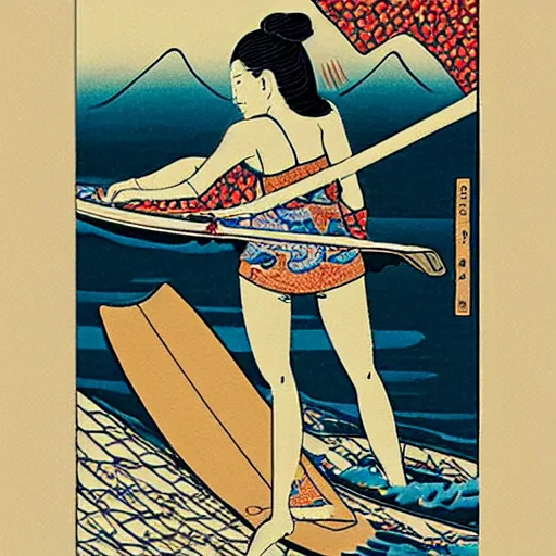 Prompt: girl stand up paddle board sup, woodblock print, style of hokusai, fine art, style of kanagawa, painting