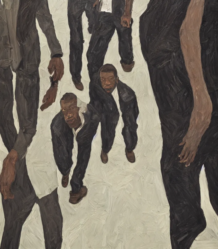 Image similar to portrait of a black man in the style of lucian freud walking towards us. camera perspective from below. hyperrealistic. discomfort