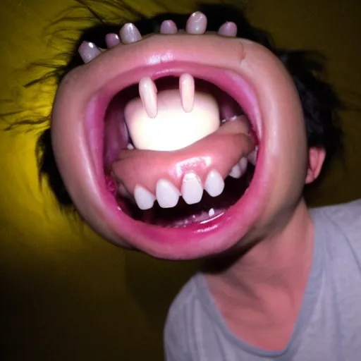 Image similar to unknown creature grinning, showing off sharp and long unorganized teeth, only visible from the light of a flashlight