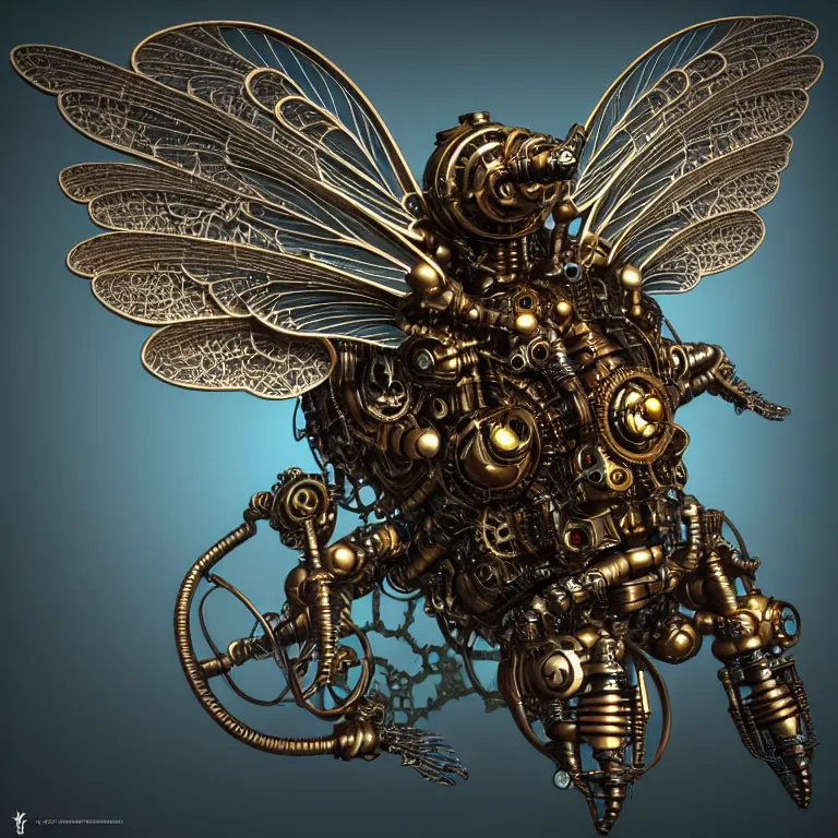 Image similar to steampunk cybernetic biomechanical bee with wings, 3 d model, very coherent symmetrical artwork, unreal engine realistic render, 8 k, micro detail, intricate, elegant, highly detailed, centered, digital painting, artstation, smooth, sharp focus, illustration, artgerm, tomasz alen kopera, wlop