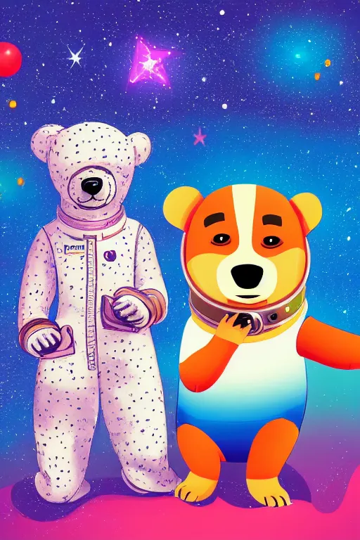 Prompt: a beautiful dog in pajamas and a bear, next to them a ship in the form of a space rocket in the background a galaxy full of stars, a planet full of holes, magic world. colorful, fantasy, pixar, children's book cover, high detail illustration, sharp high detail, manga and anime