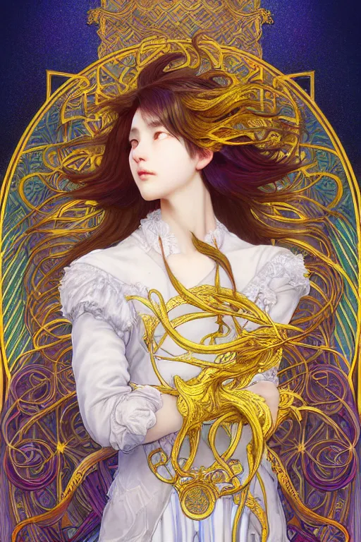 Image similar to fullbody portrait of a young hero with strange hairs, soft smile, baroque cloth, luminous scene, final fantasy and legue of legends champion, by chengwei pan and alpfons mucha, gradient white to gold, in front of an iridescent magical building background, highly detailed portrait, digital painting, smooth, focus illustration