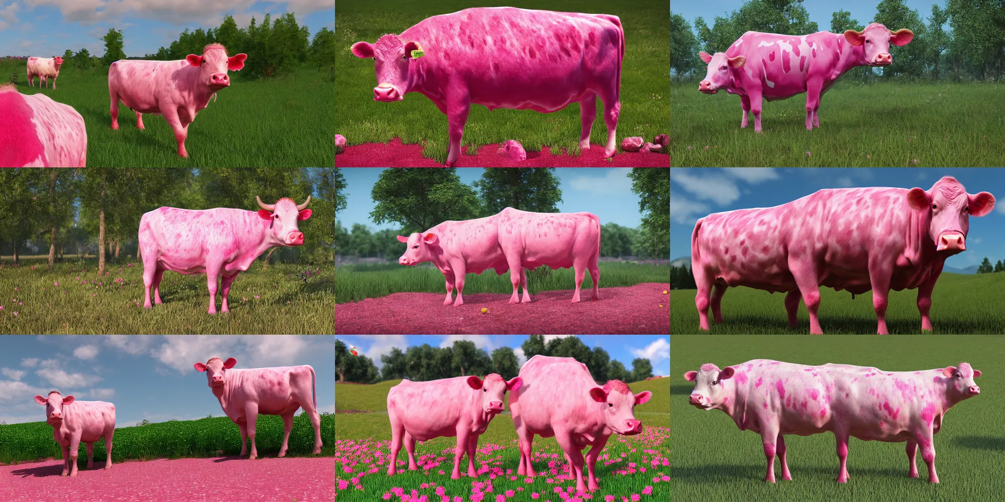 Ultra realistic pink cow in 8K, strawberries