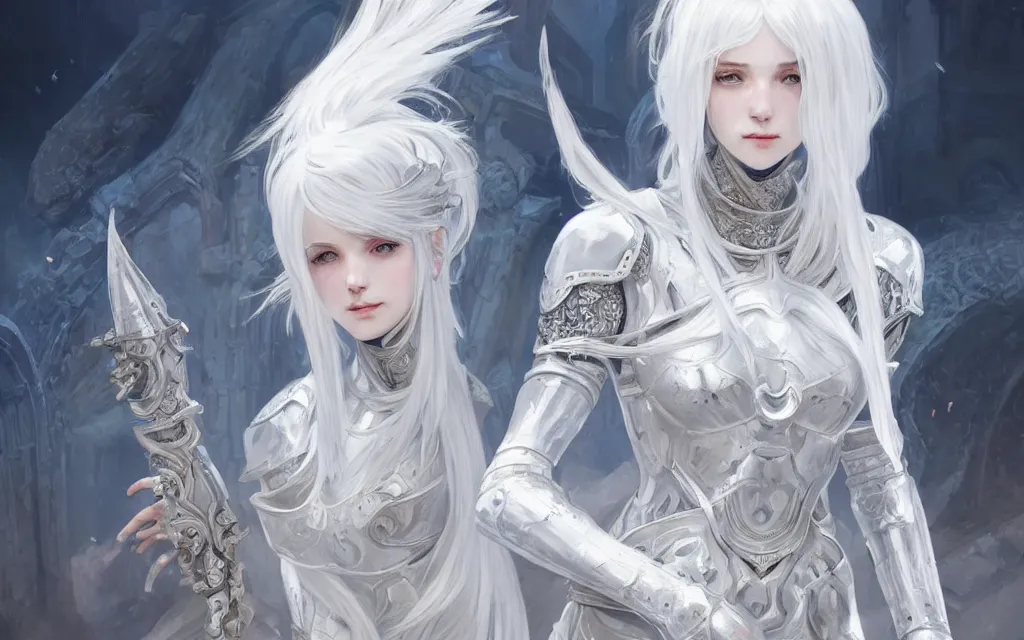 Image similar to portrait white hair knights of zodiac girl, matt white ice color armor, in ruined agora of athens, ssci - fi and fantasy, intricate and very very beautiful and elegant, highly detailed, digital painting, artstation, concept art, frostbite engine, smooth and sharp focus, illustration, art by tian zi and wlop and alphonse mucha