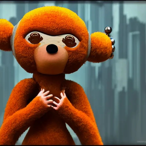 Prompt: Cheburashka, cyberpunk 4k 3d art