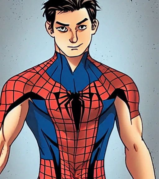 Image similar to peter parker with his suit removed to his waist seductive
