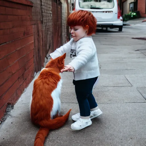 Prompt: toddler with short reddish hair pointing at Calico cat on sidewalk