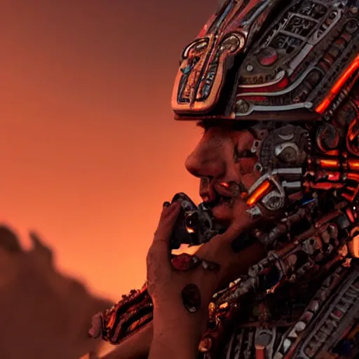 Image similar to movie still of aztec cyborg, cinematic composition, cinematic light, by alejandro jodorosky