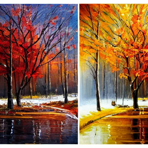 Image similar to painting depicting all four season in one painting, summer, winter, spring, autumn, concept art, artstation, detailed, impressionism, oil on canvas, knife painting, messy,