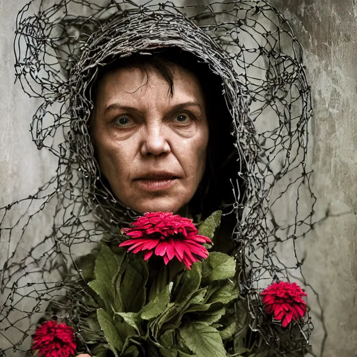 Image similar to a woman wearing a hooded cloak made of zinnias and barbed wire, in a derelict house, by Martin Schoeller, natural light, detailed face, CANON Eos C300, ƒ1.8, 35mm, 8K, medium-format print