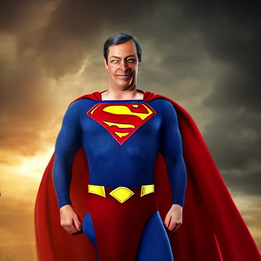 Image similar to Portrait of Nigel Farage as superman, heroic, amazing splashscreen artwork, splash art, head slightly tilted, natural light, elegant, intricate, fantasy, atmospheric lighting, cinematic, matte painting, detailed face, by Greg rutkowski