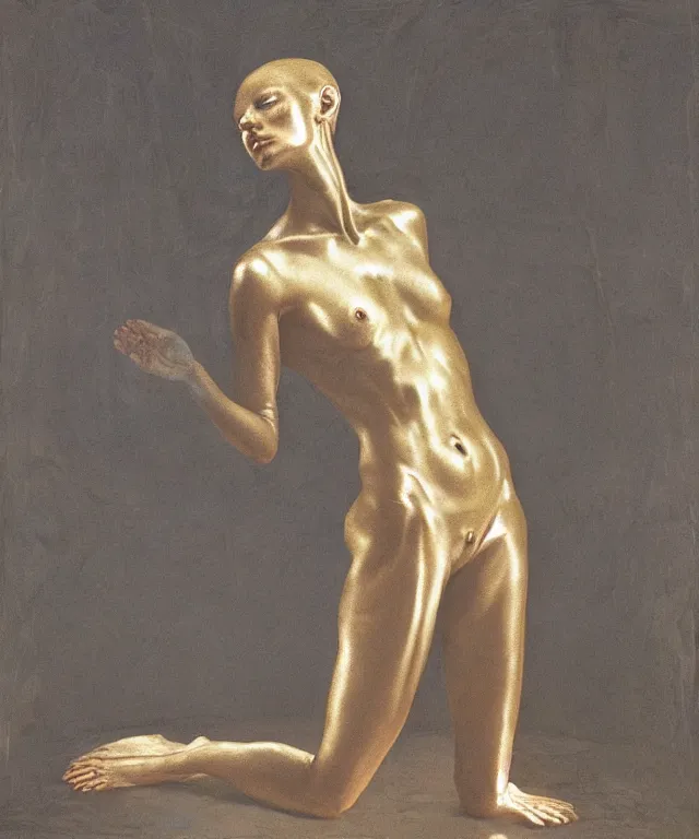 Image similar to Beautiful full-body wax sculpture of glowing transparent woman with visible gold bones covered with melted white wax inside the singularity where stars becoming baroque folds of dark matter by Michelangelo da Caravaggio, Nicola Samori, William Blake, Alex Grey and Beksinski, dramatic volumetric lighting, highly detailed oil painting, 8k, masterpiece