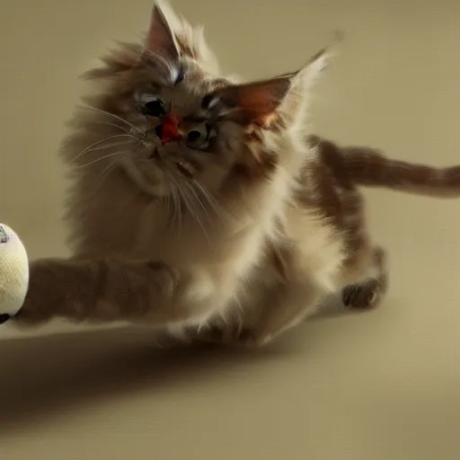 Prompt: cream color maine coon cat chasing a cat-toy-ball in a sunlit bedroom, desaturated, digital art in style of Ruan Jia, trending on art station