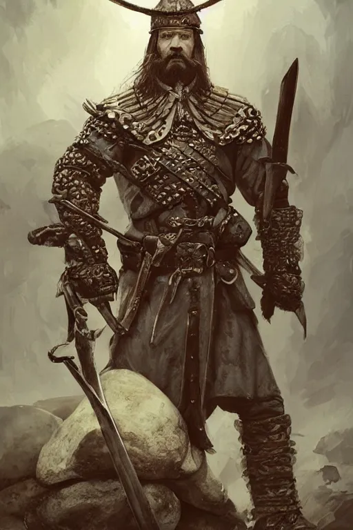 Image similar to a distant shot of a Ukrainian barechest cossack with a sword standing alone on a pile of skulls as a winner, masculine figure, D&D, fantasy, intricate, elegant, highly detailed, extremely detailed, digital painting, artstation, concept art, matte, sharp focus, symmetrical, illustration, art by Artgerm and Greg Rutkowski and Alphonse Mucha