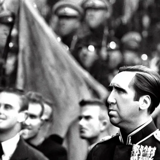 Image similar to Nicolas Cage as a dictator on a parade, archive photo, history