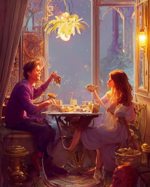 Image similar to kevin bacon eating fried eggs ana de armas serving him his eggs, highly detailed, gold filigree, romantic storybook fantasy, soft cinematic lighting, award, disney concept art watercolor illustration by mandy jurgens and alphonse mucha and alena aenami, pastel color palette, featured on artstation