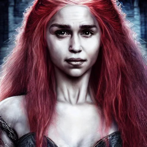 Image similar to digital matte painting of daenerys targaryen gothic clothing red hair, detailed face headshot dark dramatic mysterious style of luis royo, 8 0 mm camera, high detail, hd 8 k